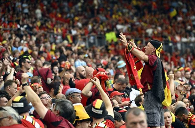 A group of Red Devils supporters pictured before a soccer game between Ukraine and Belgian national soccer team Red Devils, Wednesday 26 June 2024 in Stuttgart, Germany, the third match in the group stage of the UEFA EURO, EM, Europameisterschaft,Fussball 2024 European championships. DIRKxWAEM  x95320199x