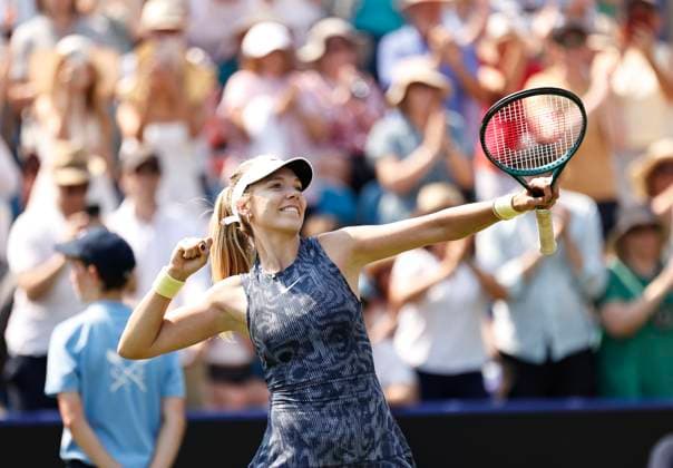 26th June 2024; Devonshire Park, Eastbourne, East Sussex, England: Rothesay International Eastbourne, Day 3, Katie Boulter (GBR) celebrates her victory after defeating Jelena Ostapenko (LAT), womens singles match  ActionPlus12660802 HongboxChen