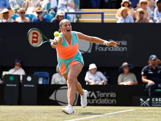 26th June 2024; Devonshire Park, Eastbourne, East Sussex, England: Rothesay International Eastbourne, Day 3, Jelena Ostapenko (LAT) plays a forehand against Katie Boulter (GBR), womens singles match  ActionPlus12660776 HongboxChen