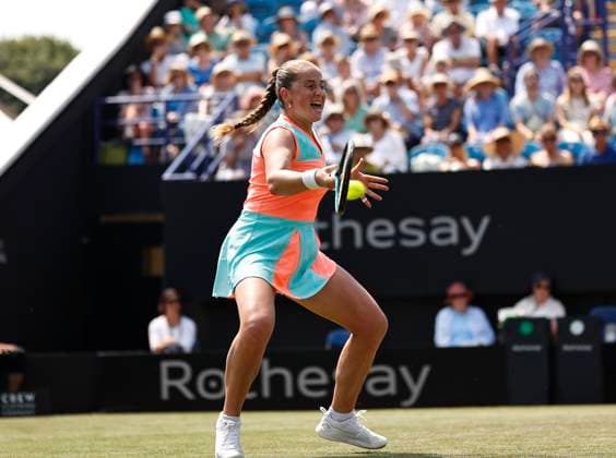 26th June 2024; Devonshire Park, Eastbourne, East Sussex, England: Rothesay International Eastbourne, Day 3, Jelena Ostapenko (LAT) plays a forehand against Katie Boulter (GBR), womens singles match  ActionPlus12660779 HongboxChen