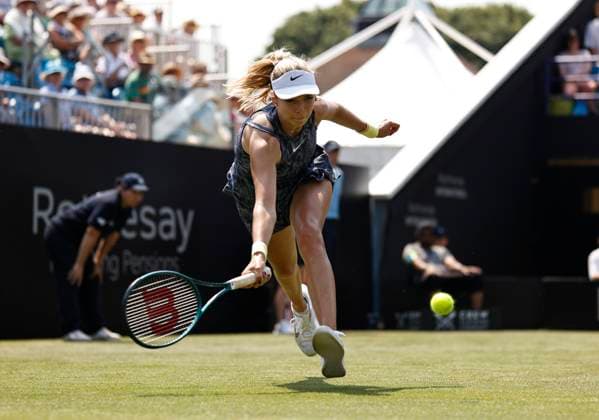 26th June 2024; Devonshire Park, Eastbourne, East Sussex, England: Rothesay International Eastbourne, Day 3, Katie Boulter (GBR) plays a forehand against Jelena Ostapenko (LAT), womens singles match  ActionPlus12660787 HongboxChen