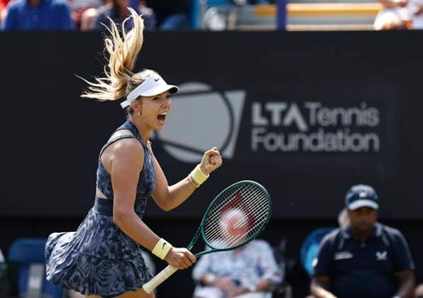 Sport Themen der Woche KW26 Sport Bilder des Tages 26th June 2024; Devonshire Park, Eastbourne, East Sussex, England: Rothesay International Eastbourne, Day 3, Katie Boulter (GBR) celebrates her victory after defeating Jelena Ostapenko (LAT), womens singles match  ActionPlus12660796 HongboxChen
