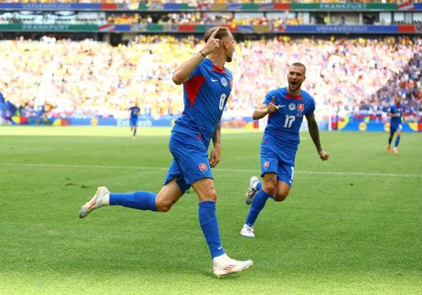 Ondrej Duda of Slovakia celebrates scoring to make it 1-0 with Lukas Haraslin of Slovakia Slovakia v Romania, UEFA European Championship, EM, Europameisterschaft 2024, Group E, Football, Frankfurt Arena, Frankfurt am Main, Germany - 26 Jun 2024 EDITORIAL USE ONLY No use with unauthorised audio, video, data, fixture lists, club league logos or live services. Online in-match use limited to 120 images, no video emulation. No use in betting, games or single club league player publications. Copyright: xKieranxMcManus Shutterstockx 14555603ah