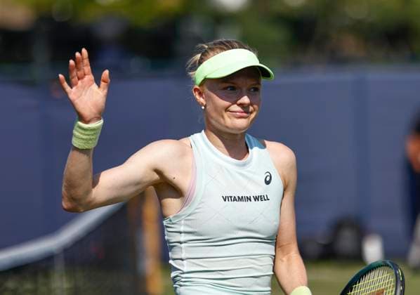 26th June 2024; Devonshire Park, Eastbourne, East Sussex, England: Rothesay International Eastbourne, Day 3, Harriet Dart (GBR) celebrates her victory after defeating Sofia Kenin (USA) in her womens singles match  ActionPlus12660864 HongboxChen