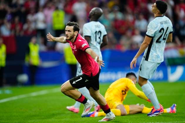 Georgia v Portugal: Group F - UEFA EURO, EM, Europameisterschaft,Fussball 2024 Khvicha Kvaratskhelia left winger of Georgia and SSC Napoli celebrates after scoring his sides first goal during the UEFA EURO 2024 group stage match between Georgia and Portugal at Arena AufSchalke on June 26, 2024 in Gelsenkirchen, Germany. Gelsenkirchen Germany  Copyright: xJosexBretonx originalFilename:bretonhernandez-georgiav240626_np0Pw.jpg