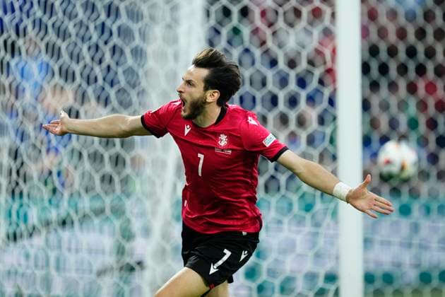 Georgia v Portugal: Group F - UEFA EURO, EM, Europameisterschaft,Fussball 2024 Khvicha Kvaratskhelia left winger of Georgia and SSC Napoli celebrates after scoring his sides first goal during the UEFA EURO 2024 group stage match between Georgia and Portugal at Arena AufSchalke on June 26, 2024 in Gelsenkirchen, Germany. Gelsenkirchen Germany  Copyright: xJosexBretonx originalFilename:bretonhernandez-georgiav240626_nppce.jpg