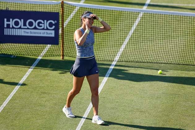 26th June 2024; Devonshire Park, Eastbourne, East Sussex, England: Rothesay International Eastbourne, Day 3, Emma Raducanu (GBR) celebrates her victory after defeating Jessica Pegula (USA)  ActionPlus12660900 HongboxChen