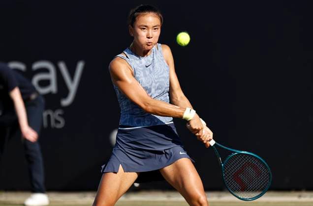 26th June 2024; Devonshire Park, Eastbourne, East Sussex, England: Rothesay International Eastbourne, Day 3, Yue Yua (CHN) plays a backhand against Daria Kasatkina  ActionPlus12660905 HongboxChen