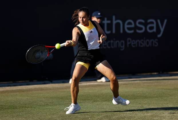 26th June 2024; Devonshire Park, Eastbourne, East Sussex, England: Rothesay International Eastbourne, Day 3, Daria Kasatkina plays a forehand against Yue Yua (CHN)  ActionPlus12660908 HongboxChen