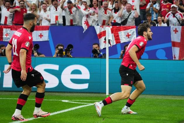 GER: Georgia and Portugal. UEFA EURO, EM, Europameisterschaft,Fussball 2024 Khvicha Kvaratskhelia of Georgia celebrates after scoring the opening goa during the UEFA Euro 2024 match between Georgia and Portugal, Group F, date 3, played at Veltins-Arena stadium on June 26, 2024 in Gelsenkirchen, Germany. Contributor Copyright: xPressinphotox PS_240626_GEO-POR_1542