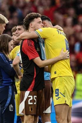 Belgium s Maxim De Cuyper and Ukraine s Roman Yaremchuk pictured after a soccer game between Ukraine and Belgian national soccer team Red Devils, Wednesday 26 June 2024 in Stuttgart, Germany, the third match in the group stage of the UEFA EURO, EM, Europameisterschaft,Fussball 2024 European championships. BRUNOxFAHY  x95340527x