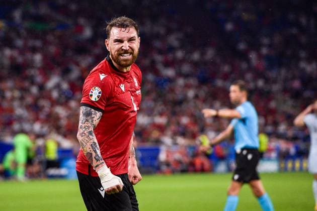 2024-06-26 Georgia v Portugal - Group F - UEFA EURO, EM, Europameisterschaft,Fussball 2024 GELSENKIRCHEN, GERMANY - JUNE 26: Guram Kashia of Georgia gestures during the Group F - UEFA EURO 2024 match between Georgia and Portugal at Arena AufSchalke on June 26, 2024 in Gelsenkirchen, Germany. (Photo by Pablo Morano BSR Agency) Gelsenkirchen Germany Content not available for redistribution in The Netherlands directly or indirectly through any third parties. Copyright: xBSRxAgencyx