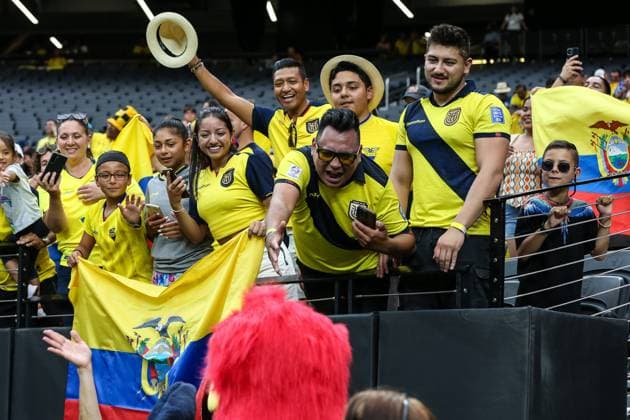 June 26, 2024: Ecuador fans hold up flags inside Allegiant Stadium prior to the start of the CONMEBOL Copa America Group B Stage match between Ecuador and Jamaica on June 26, 2024 in Las Vegas, NV. CSM. Las Vegas United States of America - ZUMAc04_ 20240626_zma_c04_011 Copyright: xChristopherxTrimx