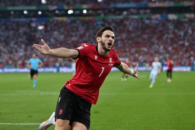 Jubel 1:0 Khvicha Kvaratskhelia (Georgien) 26.06.2024, Fussball Europameisterschaft 2024, Vorrunde, 3. Spieltag Georgien - Portugal 2:0 Gelsenkirchen Veltins Arena Nordrhein Westfalen Deutschland