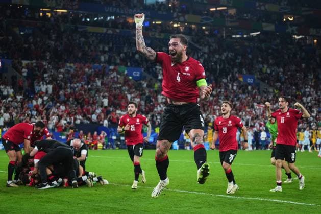 GER: Georgia v Portugal. UEFA EURO, EM, Europameisterschaft,Fussball 2024 Georgia players celebrating at full time during the UEFA Euro 2024 match between Georgia and Portugal, Group F, date 3, played at Veltins-Arena stadium on June 26, 2024 in Gelsenkirchen, Germany. kpng Copyright: xSergioxRuizx xPRESSINPHOTOx PS_240626_GEO_POR_056