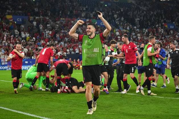 GER: Georgia v Portugal. UEFA EURO, EM, Europameisterschaft,Fussball 2024 Georgia players celebrating at full time during the UEFA Euro 2024 match between Georgia and Portugal, Group F, date 3, played at Veltins-Arena stadium on June 26, 2024 in Gelsenkirchen, Germany. kpng Copyright: xSergioxRuizx xPRESSINPHOTOx PS_240626_GEO_POR_060