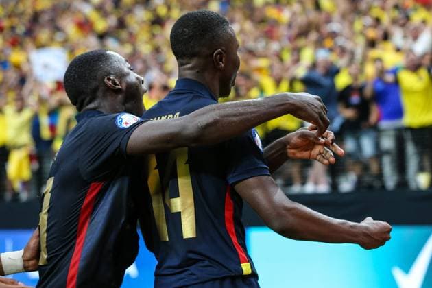 SOCCER: Copa America: Group B Stage Ecuador vs Jamaica JUN 26 June 26, 2024: Ecuador midfielder Alan Minda (14) celebrates after scoring a goal during the CONMEBOL Copa America Group B Stage match at Allegiant Stadium between Ecuador and Jamaica on June 26, 2024 in Las Vegas, NV. Christopher Trim CSM. (Credit Image: Â Christopher Trim Cal Media) Las Vegas Nevada United States of America EDITORIAL USE ONLY Copyright: xx ZUMA-20240626_zma_c04_048.jpg ChristopherxTrimx csmphotothree267278