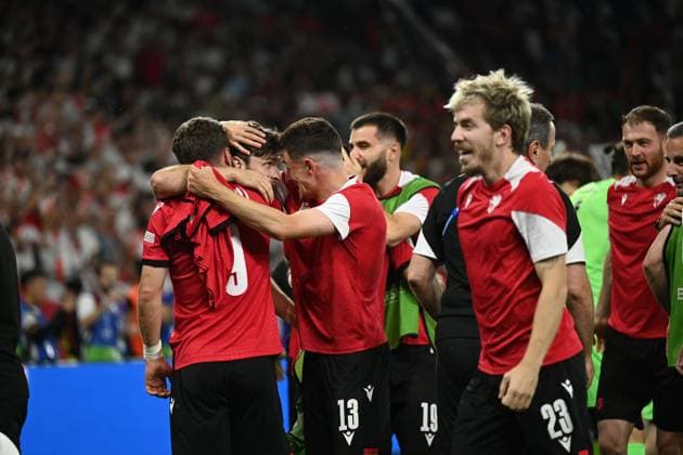 Final joy (Georgia) during the UEFA EURO, EM, Europameisterschaft,Fussball Germany 2024 match between Georgia 2-0 Portugal at Arena AufSchalke on June 26, 2024 in Gelsenkirchen, Germany. Noxthirdxpartyxsales  (257799057)