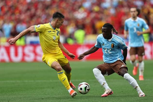 Oleksandr Tymchyk (Ukraine)Jeremy Doku (Belgium) during the UEFA EURO, EM, Europameisterschaft,Fussball Germany 2024 match between Ukraine 0-0 Belgium at Stuttgart Arena on June 26, 2024 in Stuttgart, Germany. Noxthirdxpartyxsales  (257800118)