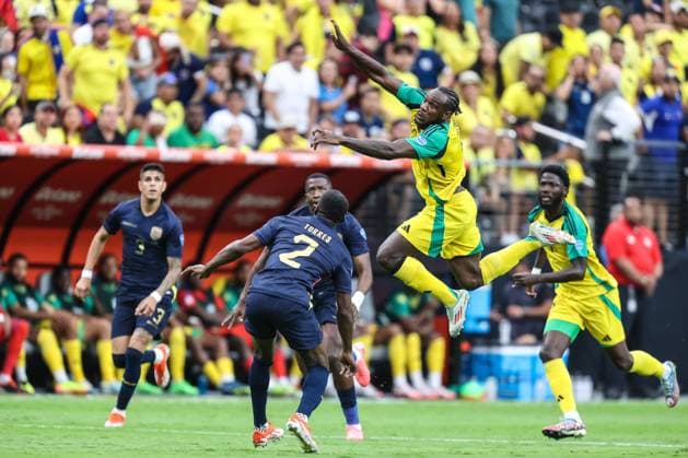 June 26, 2024: Jamaica forward Michail Antonio (9) leaps in the air during the CONMEBOL Copa America Group B Stage match at Allegiant Stadium between Ecuador and Jamaica on June 26, 2024 in Las Vegas, NV. CSM. Las Vegas United States of America - ZUMAc04_ 20240626_zma_c04_058 Copyright: xChristopherxTrimx