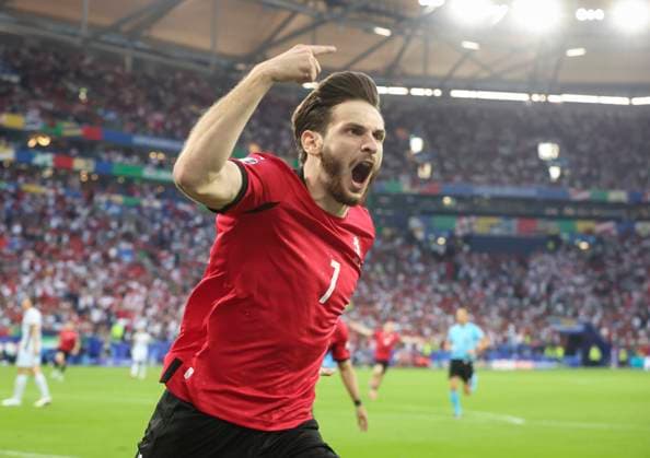 Football - 2024 UEFA European Championship, EM, Europameisterschaft Finals - Group F - Gerogia vs Portugal - Arena AufSchalke, Gelsenkirchen - Wednesday 26th Junes 2024 Khvicha Kvaratskhelia of Georgia celebrates after scoring to make it 1-0 