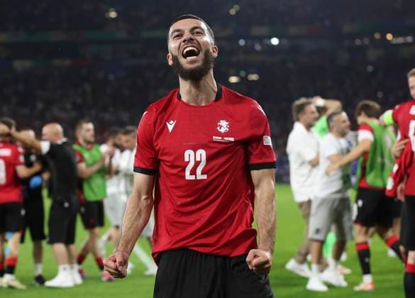 Football - 2024 UEFA European Championship, EM, Europameisterschaft Finals - Group F - Gerogia vs Portugal - Arena AufSchalke, Gelsenkirchen - Wednesday 26th Junes 2024 Georges Mikautadze of Georgia celebrates at full time as Georgia qualify for the next round of Euro 2024 