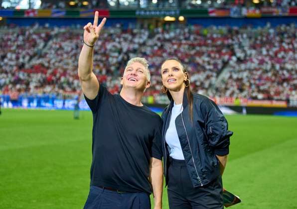 Esther Sedlaczek, presenter ARD Moderatorin, Sportmoderatorin, Journalistin, Bastian SCHWEINSTEIGER, Co-Moderator ARD in the group A stage match GERMANY - SWITZERLAND 1-1 of the UEFA European Championships 2024 on Jun 23, 2024 in Frankfurt, Germany.