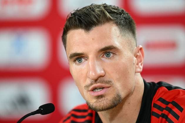 Belgium Media Activities - UEFA EURO, EM, Europameisterschaft,Fussball 2024 27 06 2024 FREIBERG AM NECKA, GERMANY - JUNE 27 : Meunier Thomas defender of Belgium talking to the press during a press conference, PK, Pressekonferenz of the Belgian Red Devils at the UEFA EURO 2024 European Football Championship tournament on June 27, 2024 in Freiberg am Necka, Germany, 27 06 2024 Freiberg am Necka Germany  Copyright: xVincentxKalutx