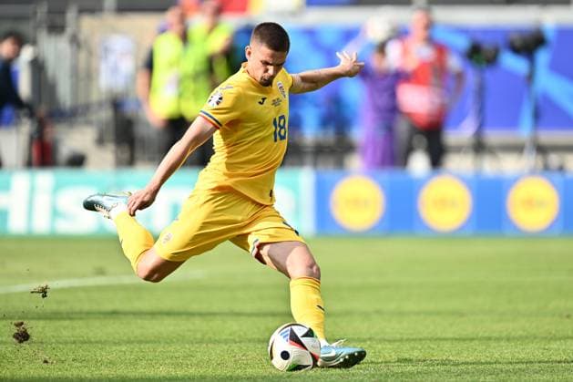 FRANKFURT AM MAIN, GERMANY - JUNE 26: Razvan Marin of Romania scoring the first goal from the penalty spot during the UEFA EURO, EM, Europameisterschaft,Fussball 2024 group stage match between Slovakia and Romania at Frankfurt Arena on June 26, 2024 in Frankfurt am Main, G Slovakia v Romania: Group E - UEFA EURO 2024 Copyright: xSebastianxFrejx