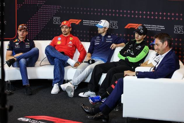 VERSTAPPEN Max (ned), Red Bull Racing RB20, portrait LECLERC Charles (mco), Scuderia Ferrari SF-24, portrait SARGEANT Logan (usa), Williams Racing FW46, portrait ZHOU Guanyu (chi), Stake F1 Team Kick Sauber C44, portrait TSUNODA Yuki (jap), Visa Cash App RB F1 Team VCARB 01, portrait press conference, PK, Pressekonferenz during the Formula 1 Qatar Airways Austrian Grand Prix 2024, 11th round of the 2024 Formula One World Championship, WM, Weltmeisterschaft from June 28 to 30, 2024 on the Red Bull Ring, in Spielberg, Austria - F1 - AUSTRIAN GRAND PRIX 2024 DPPI Panoramic 240627_R11_AUSTRIA_DP_XB3_9078