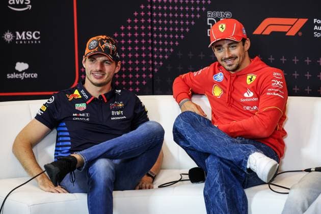 VERSTAPPEN Max (ned), Red Bull Racing RB20, portrait LECLERC Charles (mco), Scuderia Ferrari SF-24, portrait press conference, PK, Pressekonferenz during the Formula 1 Qatar Airways Austrian Grand Prix 2024, 11th round of the 2024 Formula One World Championship, WM, Weltmeisterschaft from June 28 to 30, 2024 on the Red Bull Ring, in Spielberg, Austria - F1 - AUSTRIAN GRAND PRIX 2024 DPPI Panoramic 240627_R11_AUSTRIA_DP_XB3_9118