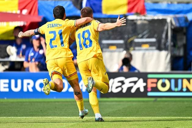 FRANKFURT AM MAIN, GERMANY - JUNE 26: Nicolae Stanciu, Razvan Marin of Romania celebrates after scoring goal during the UEFA EURO, EM, Europameisterschaft,Fussball 2024 group stage match between Slovakia and Romania at Frankfurt Arena on June 26, 2024 in Frankfurt am Main, Germany. Photo by Sebastian Frej Slovakia v Romania: Group E - UEFA EURO 2024 Copyright: xSebastianxFrejx