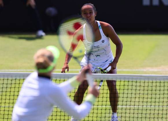 27th June 2024; Devonshire Park, Eastbourne, East Sussex, England: Rothesay International Eastbourne, Day 4, Leylah Fernandez (CAN) plays a forehand against Harriet Dart (GBR) womens singles quarter-final  ActionPlus12660976 HongboxChen