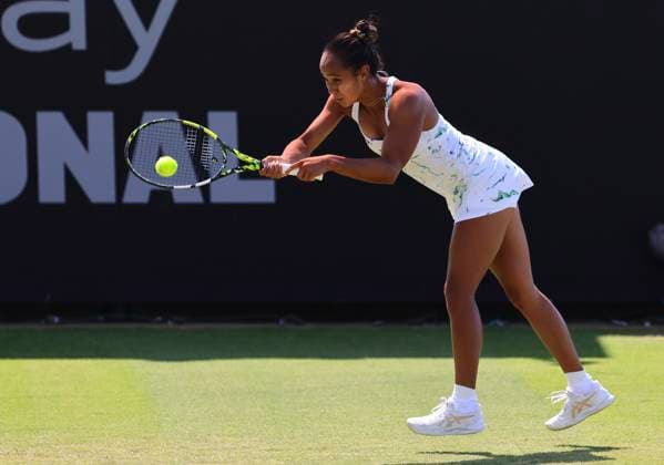 27th June 2024; Devonshire Park, Eastbourne, East Sussex, England: Rothesay International Eastbourne, Day 4, Leylah Fernandez (CAN) plays a backhand against Harriet Dart (GBR) womens singles quarter-final  ActionPlus12660982 HongboxChen