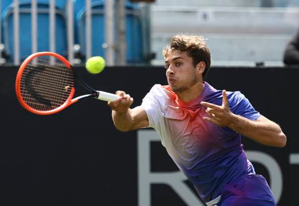 27th June 2024; Devonshire Park, Eastbourne, East Sussex, England: Rothesay International Eastbourne, Day 4; Flavio Cobolli (ITA) plays a forehand Billy Harris (GBR) in the mens singles quarter-final match  ActionPlus12661014 HongboxChen
