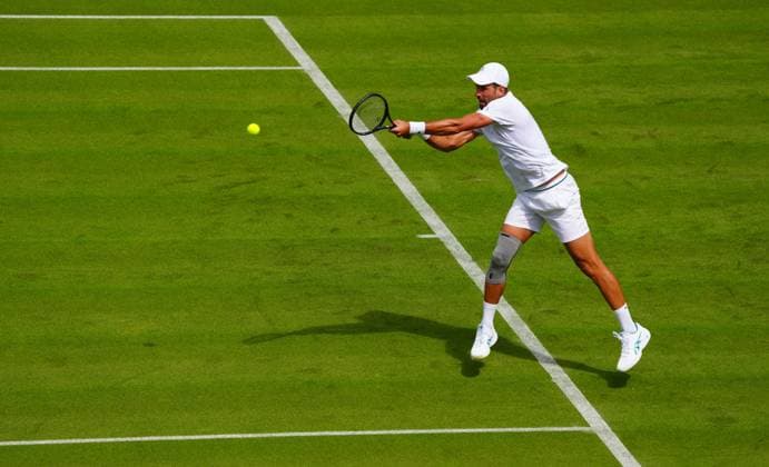 Novak Djokovic practices on Centre Court wearing a knee support Wimbledon Tennis Championships, Practice and Previews, The All England Lawn Tennis and Croquet Club, London, UK - 27 Jun 2024  Copyright: xJavierxGarcia Shutterstockx 14560174f