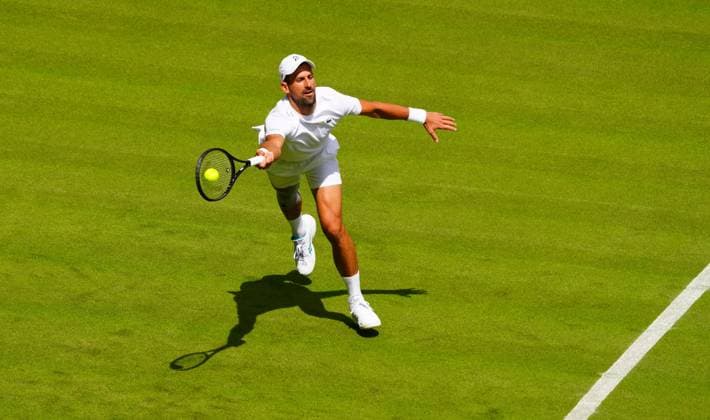 Novak Djokovic practices on Centre Court wearing a knee support Wimbledon Tennis Championships, Practice and Previews, The All England Lawn Tennis and Croquet Club, London, UK - 27 Jun 2024  Copyright: xJavierxGarcia Shutterstockx 14560174ai