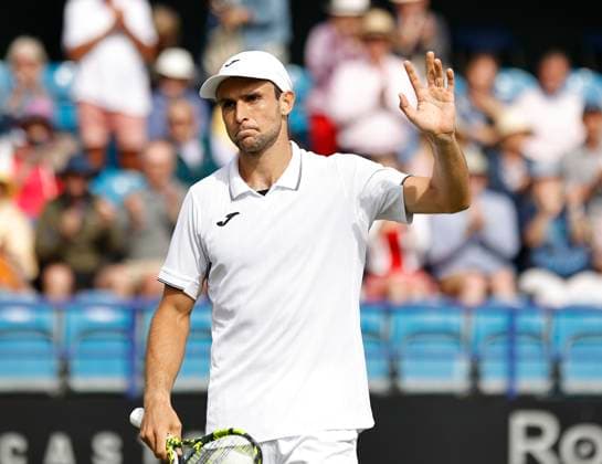 27th June 2024; Devonshire Park, Eastbourne, East Sussex, England: Rothesay International Eastbourne, Day 4; Aleksandar Vukic (AUS) celebrates his victory after defeating Yoshihito Nishioka (JPN) in the quarter finals  ActionPlus12661138 HongboxChen