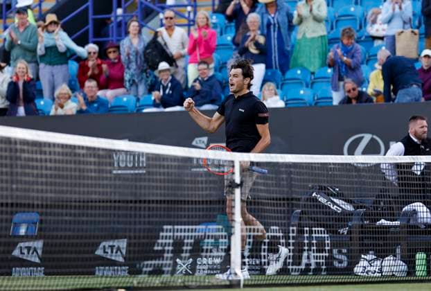 27th June 2024; Devonshire Park, Eastbourne, East Sussex, England: Rothesay International Eastbourne, Day 4; Taylor Fritz (USA) celebrates his victory after defeating Juncheng Shang (CHN) in the mens quarter-final match  ActionPlus12661171 HongboxChen