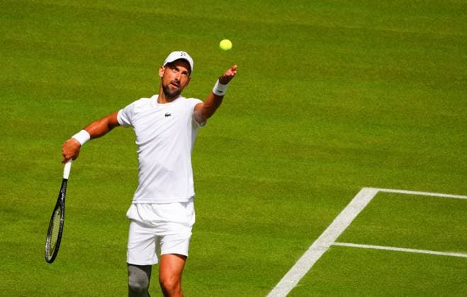 Novak Djokovic practices on Centre Court with a knee support Wimbledon Tennis Championships, Practice and Previews, The All England Lawn Tennis and Croquet Club, London, UK - 27 Jun 2024  Copyright: xJavierxGarcia Shutterstockx 14560174cf