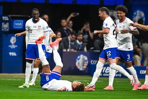 ATLANTA, GA Ã JUNE 27: United States players Tim Weah (21), Weston McKennie (8), Joe Scally (22), and Chris Richards (3) react after a first-half goal that was overturned during the Copa America match between Panama and the United States on June 27th, 2024 at Mercedes-Benz Stadium in Atlanta, GA. (Photo by Rich von Biberstein Icon Sportswire) SOCCER: JUN 27 CONMEBOL Copa America - Panama vs United States EDITORIAL USE ONLY Icon240627016