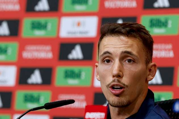 Spanish National Soccer Team player Alejandro Grimaldo addresses a press conference, PK, Pressekonferenz in Donaueschinge, Germany, 28 June 2024. The team prepares its Euro2024 round of 16 game against Georgia on next 30 June. Presser of Spanish National Soccer Team player Alejandro Grimaldo !ACHTUNG: NUR REDAKTIONELLE NUTZUNG!  Copyright: xJ.J.Guillenx GRAF8894 20240628-55014002615_1