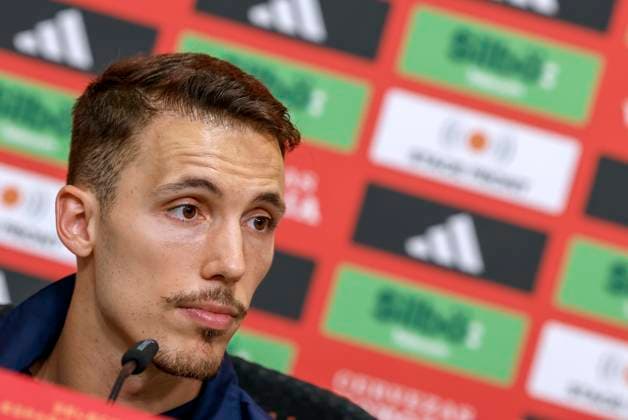 Spanish National Soccer Team player Alejandro Grimaldo addresses a press conference, PK, Pressekonferenz in Donaueschinge, Germany, 28 June 2024. The team prepares its Euro2024 round of 16 game against Georgia on next 30 June. Presser of Spanish National Soccer Team player Alejandro Grimaldo !ACHTUNG: NUR REDAKTIONELLE NUTZUNG!  Copyright: xJ.J.Guillenx GRAF8889 20240628-55014002627_1