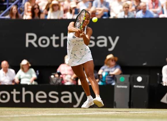 28th June 2024; Devonshire Park, Eastbourne, East Sussex, England: Rothesay International Eastbourne, Day 5, Leylah Fernadez (CAN) plays a backhand against Madison Keys (USA) in the womens singles semi-final match  ActionPlus12661179 HongboxChen