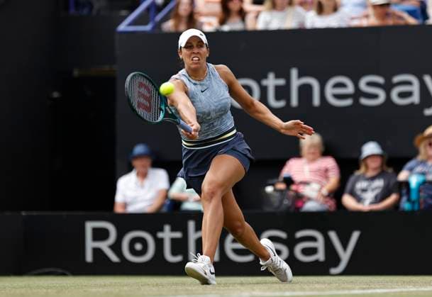 28th June 2024; Devonshire Park, Eastbourne, East Sussex, England: Rothesay International Eastbourne, Day 5, Madison Keys (USA) plays a forehand against Leylah Fernadez (CAN) in the womens singles semi-final match  ActionPlus12661184 HongboxChen