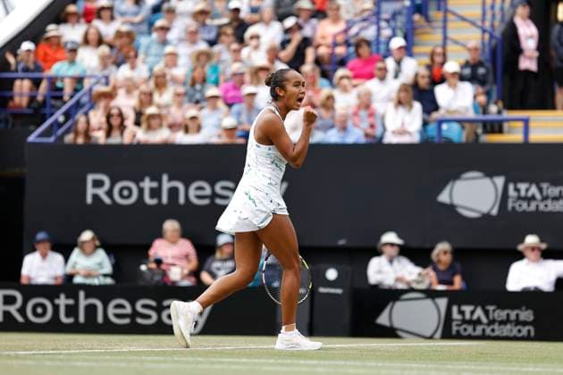 28th June 2024; Devonshire Park, Eastbourne, East Sussex, England: Rothesay International Eastbourne, Day 5, Leylah Fernadez (CAN) shows emotion in the match against Madison Keys (USA) in the womens singles semi-final match  ActionPlus12661187 HongboxChen