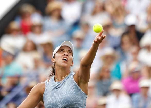 28th June 2024; Devonshire Park, Eastbourne, East Sussex, England: Rothesay International Eastbourne, Day 5, Madison Keys (USA) serves to Leylah Fernadez (CAN) in the womens singles semi-final match  ActionPlus12661192 HongboxChen