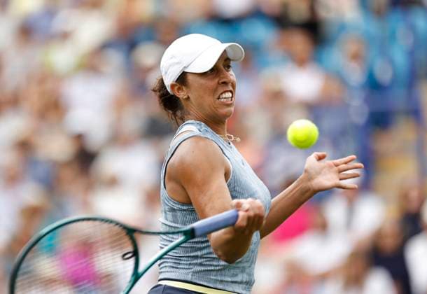 28th June 2024; Devonshire Park, Eastbourne, East Sussex, England: Rothesay International Eastbourne, Day 5, Madison Keys (USA) plays a forehand against Leylah Fernadez (CAN) in the womens singles semi-final match  ActionPlus12661195 HongboxChen