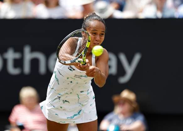 28th June 2024; Devonshire Park, Eastbourne, East Sussex, England: Rothesay International Eastbourne, Day 5, Leylah Fernadez (CAN) plays a backhand against Madison Keys (USA) in the womens singles semi-final match  ActionPlus12661200 HongboxChen