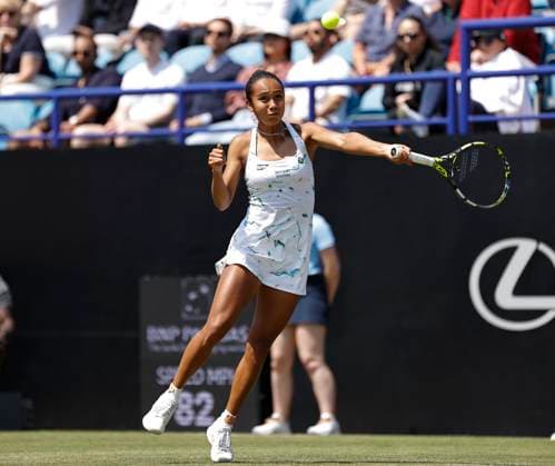 28th June 2024; Devonshire Park, Eastbourne, East Sussex, England: Rothesay International Eastbourne, Day 5, Leylah Fernadez (CAN) plays a forehand against Madison Keys (USA) in the womens singles semi-final match  ActionPlus12661203 HongboxChen